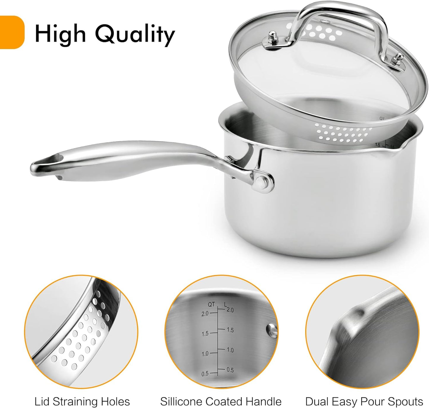 Cyrosa 2.5 Quart Saucepan with Strainer Lid, Stainless Steel Sauce Pot, Sauce Pan for Stove Top, Two Side Spouts for Easy Pour, Dishwasher Safe