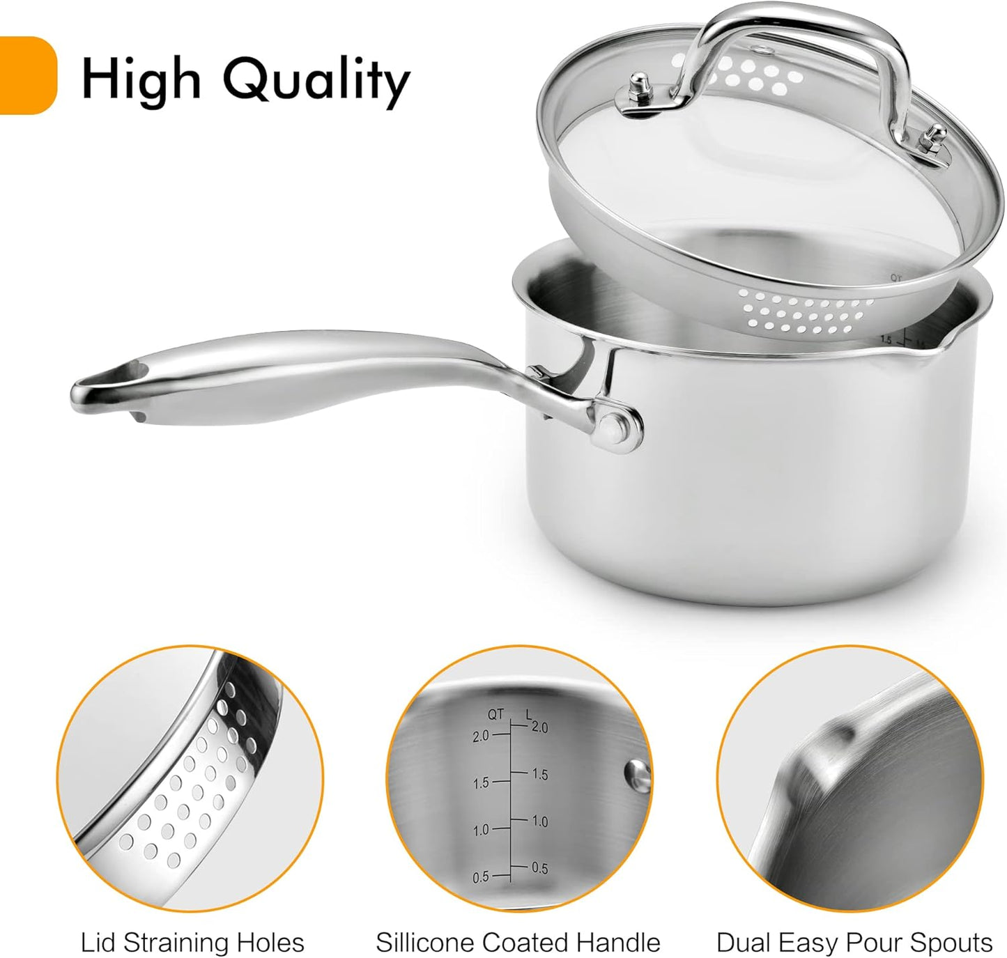 Tri-Ply Stainless Steel Sauce Pan with Steamer Basket & Straining Glass Lid — Heavy-Duty,Thick Base,Rust-Resistant,Warp-Free —100% Food-Grade —Built to Last– Works with All Stovetops, Pasta Pot 3.5 QT