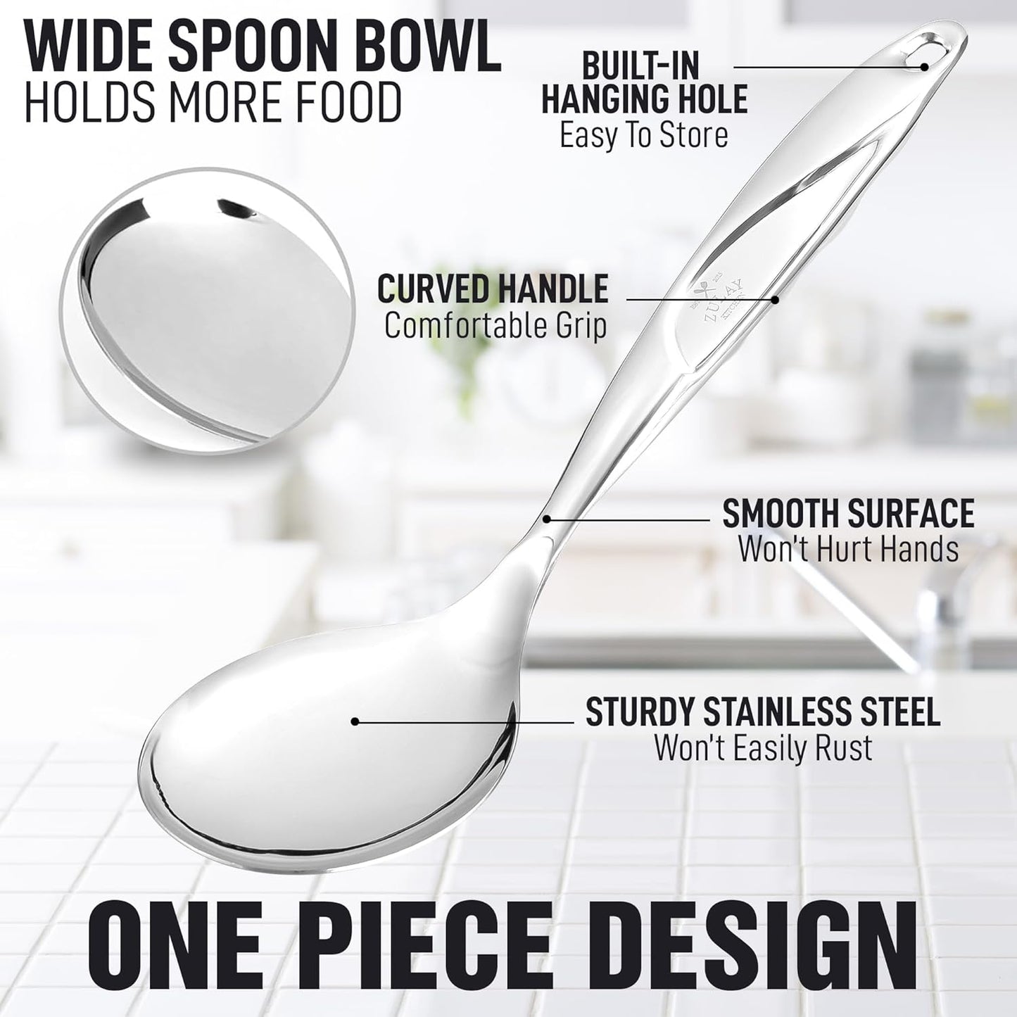 Zulay Kitchen Stainless Steel Serving Spoon - Large Cooking Spoon - Durable Premium Stainless Steel with Comfortable, Ergonomic Handle - Easy to Clean - Perfect for At Home Cooking & Buffets - 11.5”
