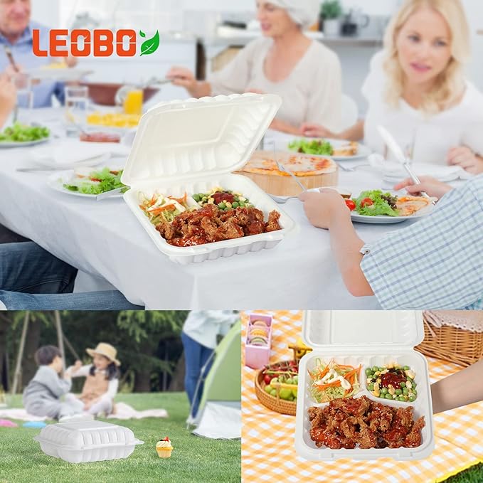 Food Containers Mineral Filled PP Plastic - 7.8 Inch 30oz 65 Pack BPA Free 3 Compartments Shrink Wrap To Go Boxes | Freezer & Microwave Safe for Takeout | White Reusable & Disposable Container