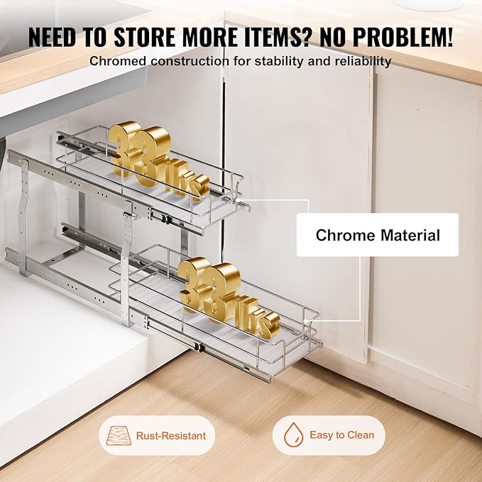 VEVOR Pull Out Cabinet Organizer, 8.5"W x 21"D Heavy Duty Slide Out Pantry Shelves, Chrome-Plated Steel Roll Out Drawers, Sliding Drawer Storage for Home, Inside Kitchen Cabinet, Bathroom, Under Sink