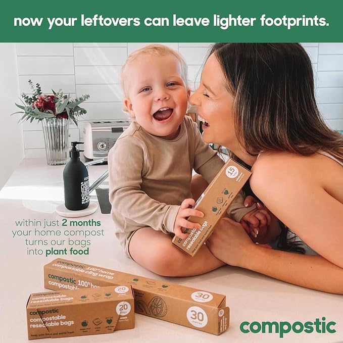 Home Compostable Resealable Sandwich Bags (7"x7"), Microwave & Freezer Safe, Organic Food Storage Container, 30 Count (Pack of 2)