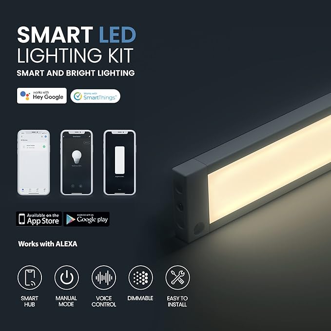 EShine 3 Pack 12 inch White Smart Dimmable LED Under Cabinet Lighting Kit Compatible with Alexa, Google - Warm White (3000K)