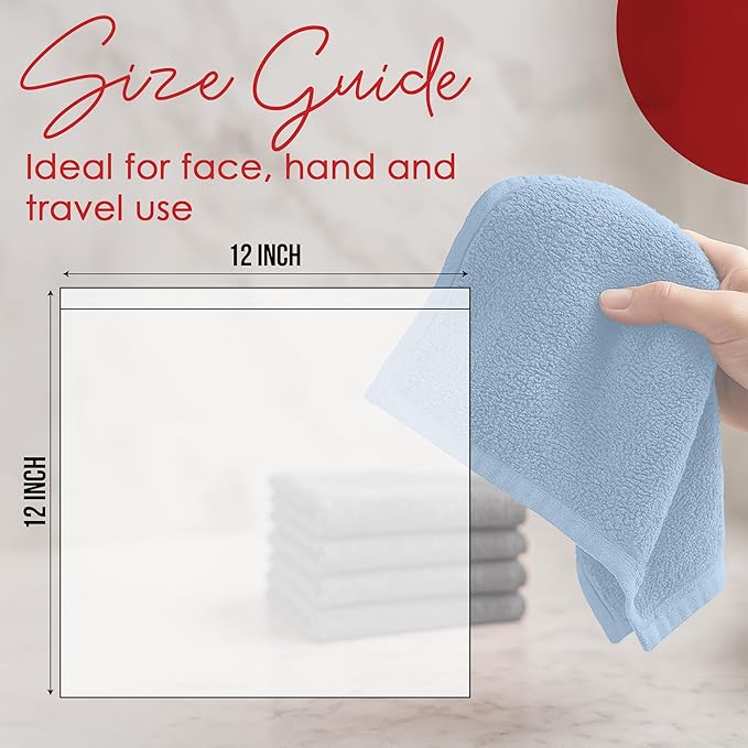 RIVERSIDE 24 Pack Washcloths Set - 100% Cotton [12x12 Inches] - Soft, Quick-Dry & Highly Absorbent Face Towels - Perfect for Bathroom, Gym, Hotel, Spa & Travel - Medium Blue