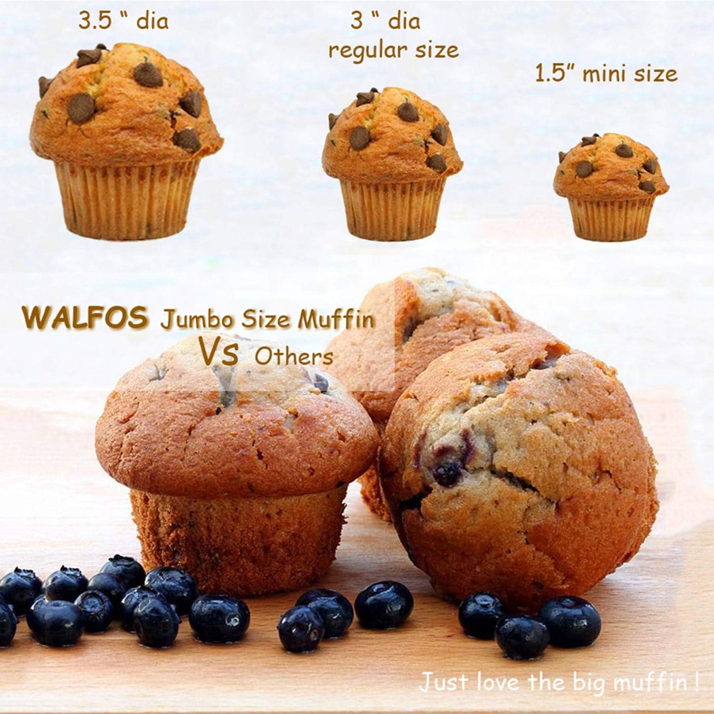 Walfos Silicone Texas Muffin Pan - 6 Cup Jumbo Silicone Cupcake Pan, Non-Stick, Just PoP Out! Perfect for Egg Muffin, Big Cupcake - BPA Free and Dishwasher Safe
