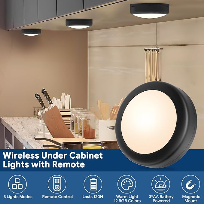 Yiliaw LED Puck Lights with Remote Control, AA Battery Operated, 12 Color Closet Under Cabinet Lighting, Push Tap Light, Under Counter for Kitchen, 6 Pack, Black-Magnetic