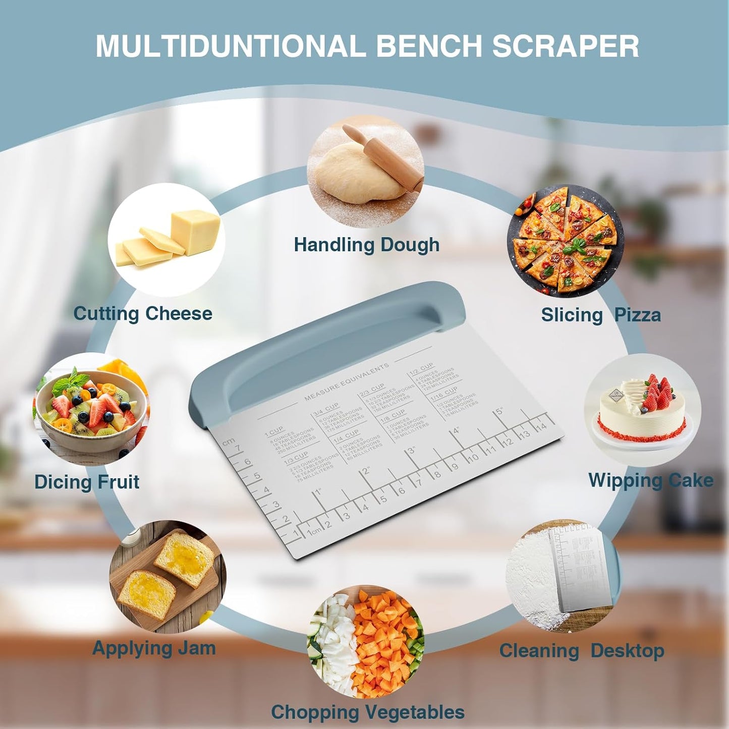 Bench Scraper Dough Cutter Tool - Pastry Scraper for Bread Cake Pizza, Bench Knife Kitchen Dough Scraper for Baking, Stainless Steel Food Scraper with Grip Handles & Measuring Scale, Blue