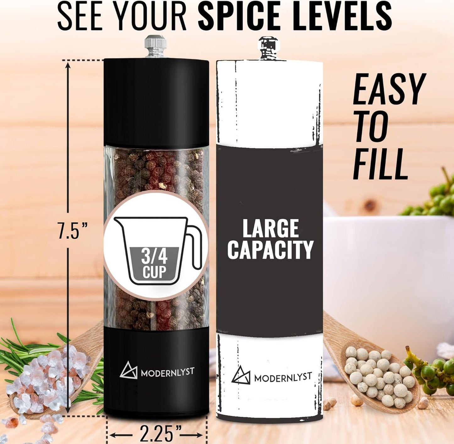 Manual Salt and Pepper Grinder Set of 2 | Large Round Salt and Pepper Shakers Set | 7.5 inch Stainless Steel Salt Grinder Refillable | Pepper Grinder Manual (Black)