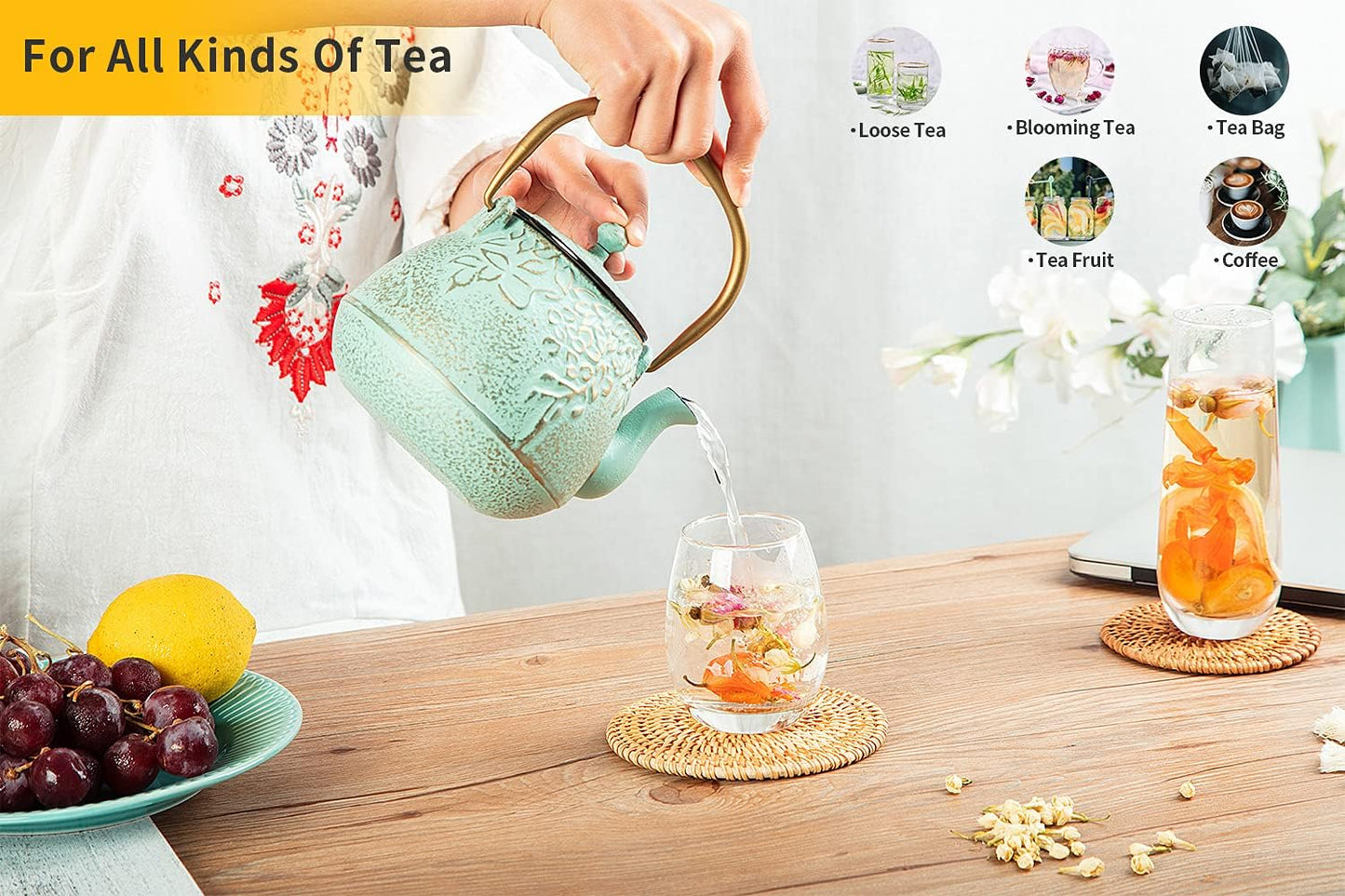 TOPTIER Japanese Cast Iron Teapot with Infuser, Stovetop Safe, Leaf Design Tea Kettle, Enameled Interior, 32 Ounce (950 ml), Blush Pink