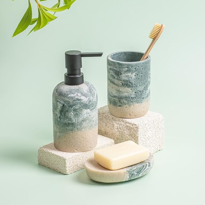 Bathroom Accessories Set, 3 Pcs Decorative Bathroom Essentials with Lotion Soap Dispenser, Toothbrush Holder, Soap Dish, Bathroom Sink Set for Home Bathroom Decor, Bathroom Accessory Housewarming Gift