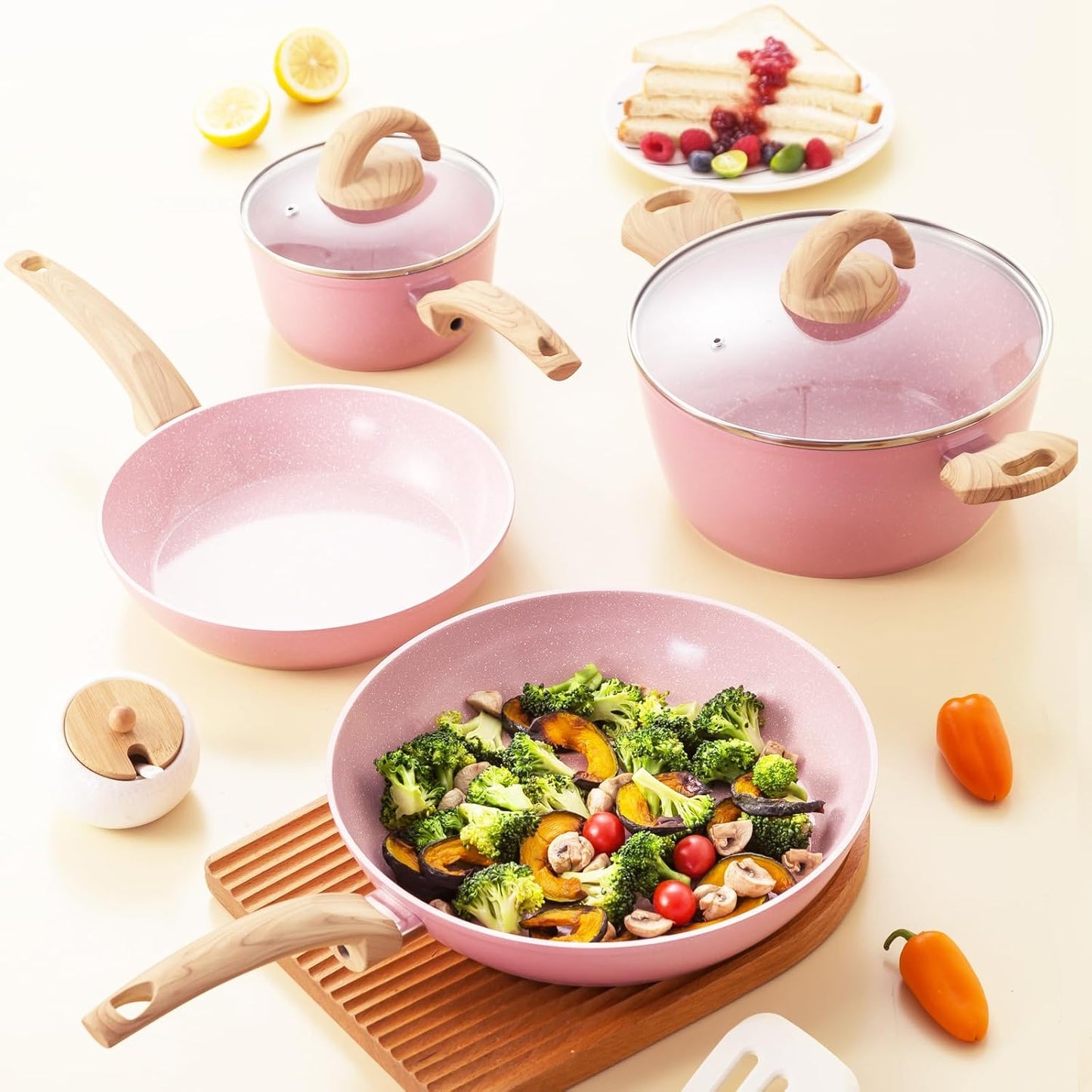 Non Stick Pots and Pans Set, Healthy Ceramic Cookware Set, 12pcs Kitchen Cooking Pots and Frying Sauce Saute Pans Set, PFAS-Free with Kitchen Utensils and Lid, Pink