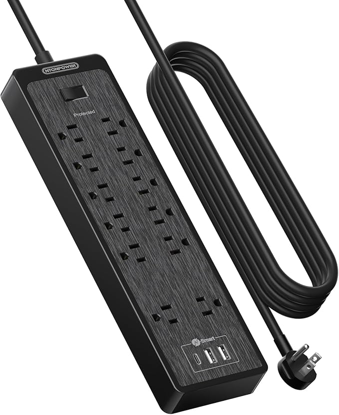 NTONPOWER 15 ft Extension Cord, Flat Plug Surge Protector Power Strip with USB, 12 Outlets Surge Protector Wall Mount, 2100 Joules, 1875W, 15A Circuit Breaker for Home Office Dorm Essentials, Black