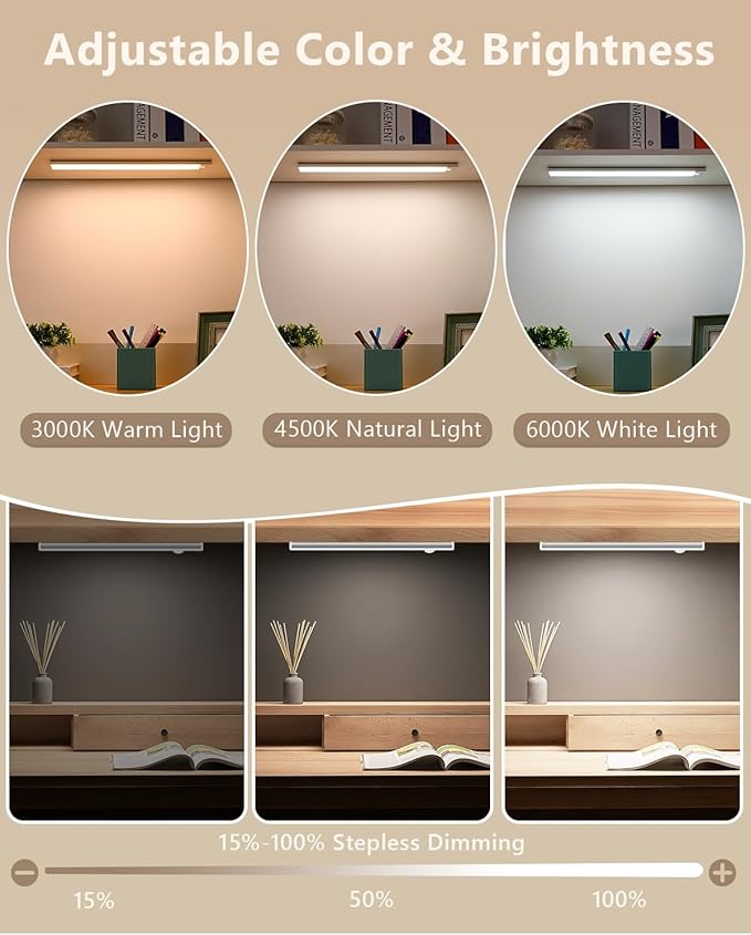 Under Cabinet Lighting, LED Rechargeable Motion Sensor Closet Lights, 3 Color Temps Under Counter Lights, Wireless Dimmable Magnetic Battery Operated Light Indoor for Kitchen, Stairs, Pantry