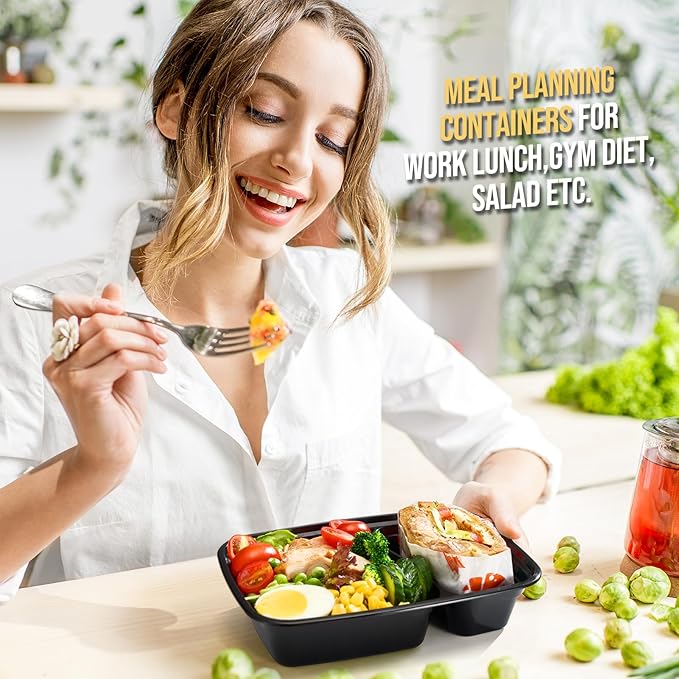 Glotoch 50 Pack 32oz 2 Compartment Meal Prep Container Microwave Safe, Food Prep Containers With Lids For Lunch/Deli/Takeout/Leftover, BPA-Free Freezer & Dishwasher Safe, Black