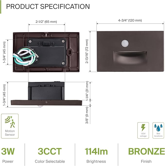 ASD LED Recessed Step Light Fixture, Outdoor & Indoor Stair Tread Lighting | 3CCT, Motion Sensor, Waterproof, ETL Listed | 3W 120LM 3000K-5000K 120V | Staircase Hardwired Illumination | Dark Bronze