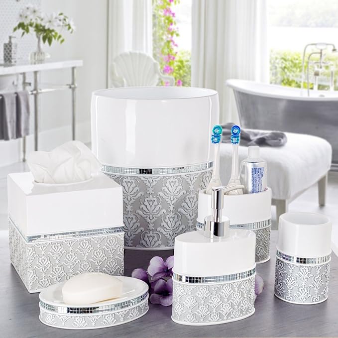 Creative Scents Mirror Damask Toothbrush Holder for Bathroom - Gray & White Toothbrush and Toothpaste Holder - Decorative Toothbrush Cup for Bathroom Holds Multiple Standard Or Electric Toothbrushes
