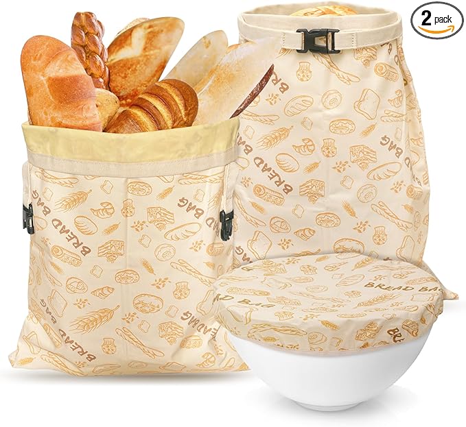 Reusable Pure Beeswax Bread Bags for Sourdough, Organic Cotton Beeswax Dough Bags, 2 Packs Homemade Bread Storage and Bowl Cover