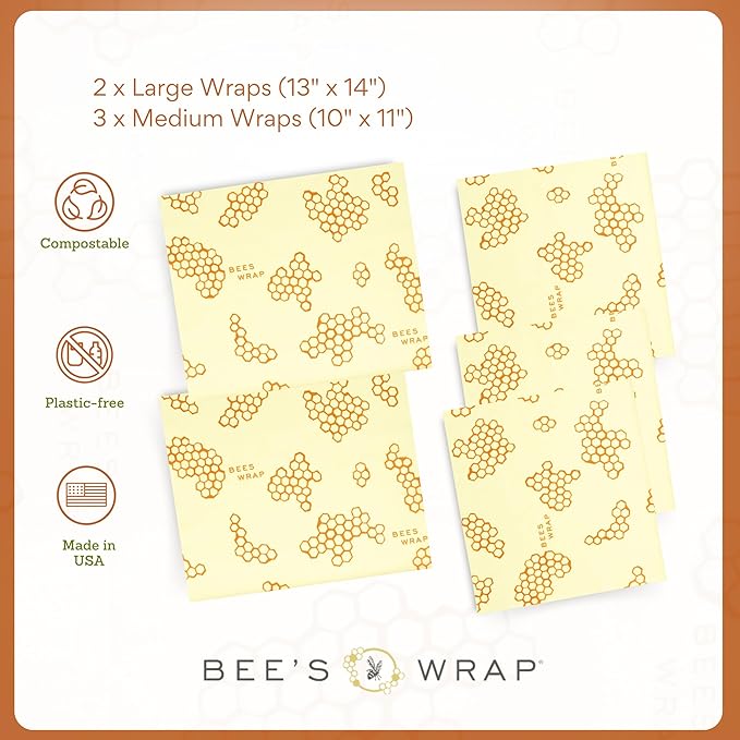Bee's Wrap Beeswax Wraps for Food - Honeycomb 5 Pack (2L, 3M) Made in USA Reusable & Organic Food Wraps & Bowl Covers - Eco-Friendly Alternative to Aluminum Foil & Plastic Wrap