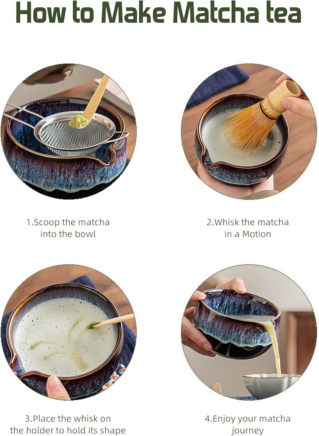 Matcha Whisk Set with Ceramic Bowl - Bamboo Whisk (Chasen), Scoop, Sifter & Holder - Complete Kit for Traditional Matcha Tea - Unique Gifts for Women, Men, Tea Lovers (Green)