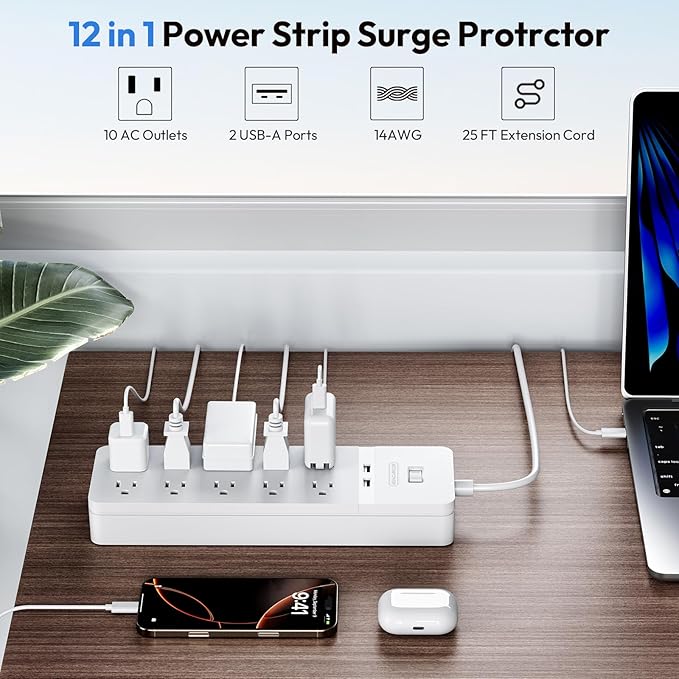25 Ft Extension Cord ETL, NTONPOWER 2100J Surge Protector Power Strip with 10 AC Spaced Outlets 2 USB Ports, 1875W/15A Overload Protection, Wall Mountable for Indoor, Home, Office or Garage, White