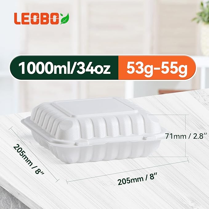 Takeout Container Mineral Filled PP Plastic - 55 Pack 8 Inch 34oz | Shrink Wrap BPA Free Food Container | Freezer & Microwave Safe for Food Delivery | White 3 Compartment Disposable Lunch Boxes
