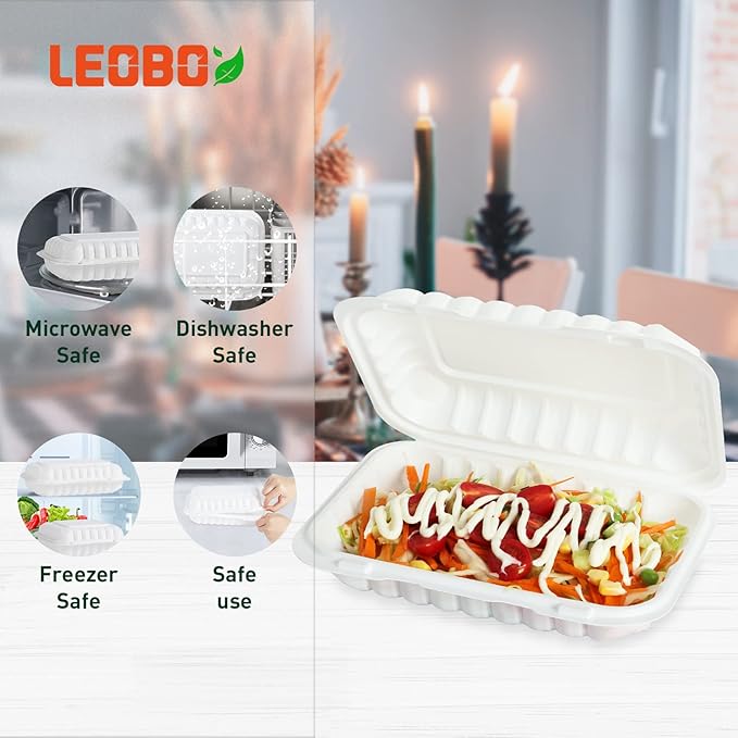 Plastic Containers Mineral Filled PP 9x6 - Shrink Wrap 50 Pack 27oz BPA Free Takeout Box | Freezer Microwave & Dishwasher Safe | Reusable & Disposable Container for To Go Bulk Catering | White