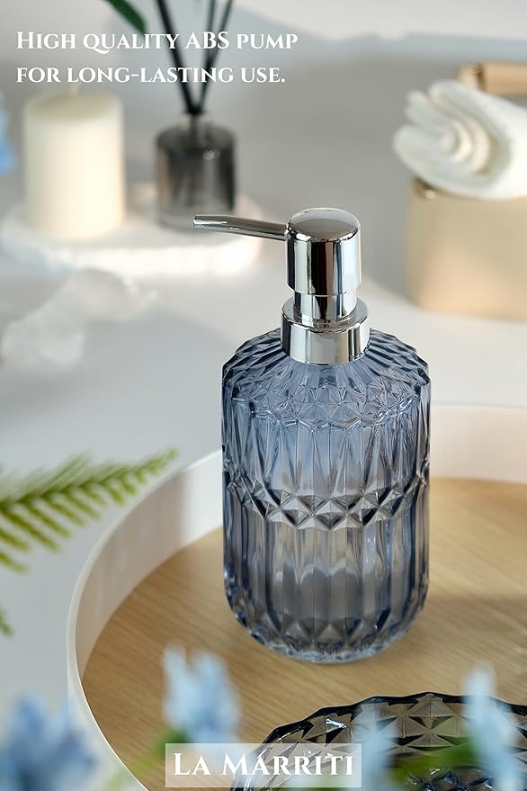 Blue Bathroom Accessories Set, 4Pcs Clear Glass Bathroom Accessories, Lotion Soap Dispenser Set, Toothbrush Holder, Qtips Holder, Soap Dish for Crystal Modern Bath Decor, Vintage Gift Set