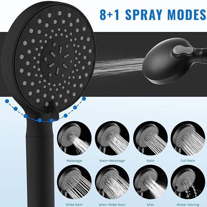 Ryamen Filtered Shower Head with Handheld, High Pressure 9-Spray Modes Detachable Shower Head with Filter for Hard Water-Remove Chlorine & Impurities, Improve Skin & Hair Health, Matte Black
