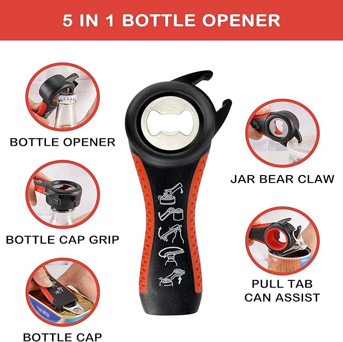 Jar Opener for Weak Hands, Seniors with Arthritis, 5 in 1 Multi Function Bottle Opener Lid Opener For Arthritic Hands with Corkscrew Wine Opener (red)