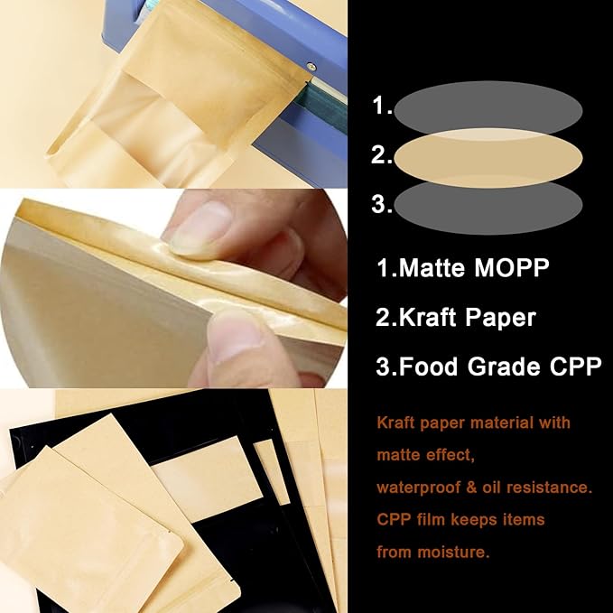 100 PCS Resealable Bags, Stand Up Kraft Paper Bags with Matte Window, Zipper Lock Food Storage Bags for Small Business and Home, 6.69 * 9.44 Inch Reusable Sealable Bags for Packaging