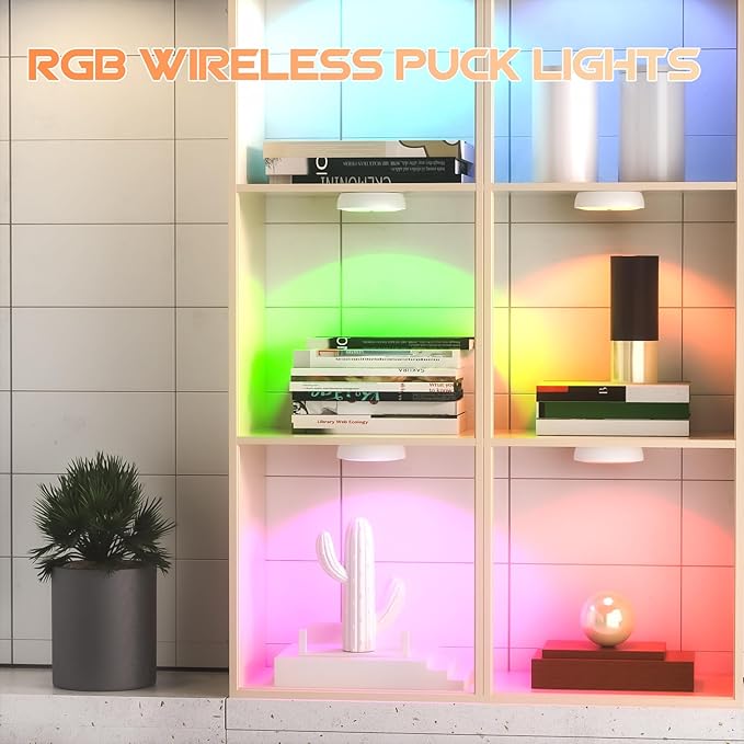 Wireless Motion Sensor Step Lights, 8 Colors Changeable RGB LED Closet Lights with Remote, USB Rechargeable Battery Operated Puck Light, Dimmable Under Cabinet Counter Kitchen Stair Lighting (5 Pack)