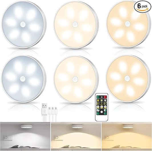 LED Closet Step Lights Wireless Motion Sensor Puck Light Compatible with Charging Station, 3 Colors Temperatures USB Rechargeable Indoor Under Cabinet Lighting with Remote (6 Pack)