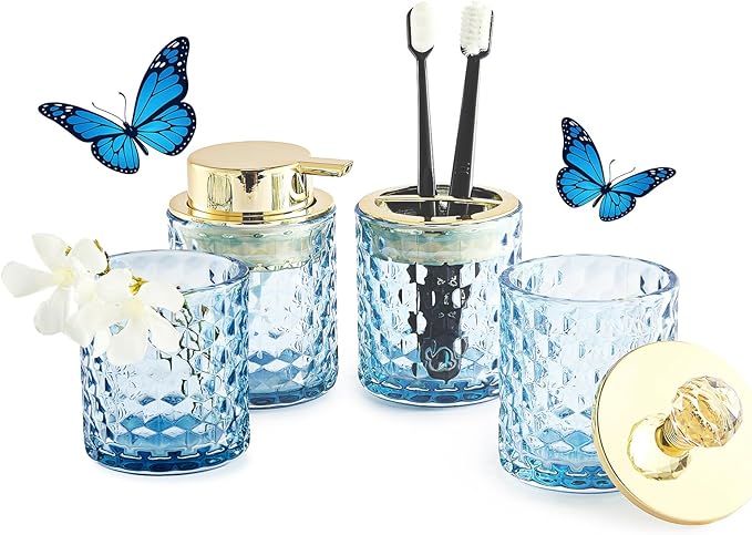Blue Bathroom Accessories, 4Pcs Blue Bathroom Accessory Set Complete, Toothbrush Holder Set, Soap Dispenser, Qtip Holder, Tumbler, Perfect for Bathroom Decor and Vanity