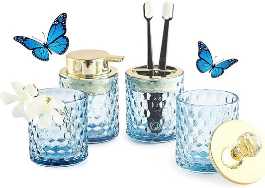 Blue Bathroom Accessories, 4Pcs Blue Bathroom Accessory Set Complete, Toothbrush Holder Set, Soap Dispenser, Qtip Holder, Tumbler, Perfect for Bathroom Decor and Vanity