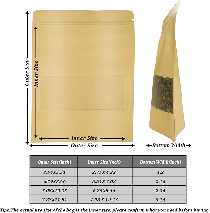 100 PCS Resealable Bags, Stand Up Kraft Paper Bags with Matte Window, Zipper Lock Food Storage Bags for Small Business and Home, 7.08 * 10.23 Inches Reusable Sealable Bags for Packaging