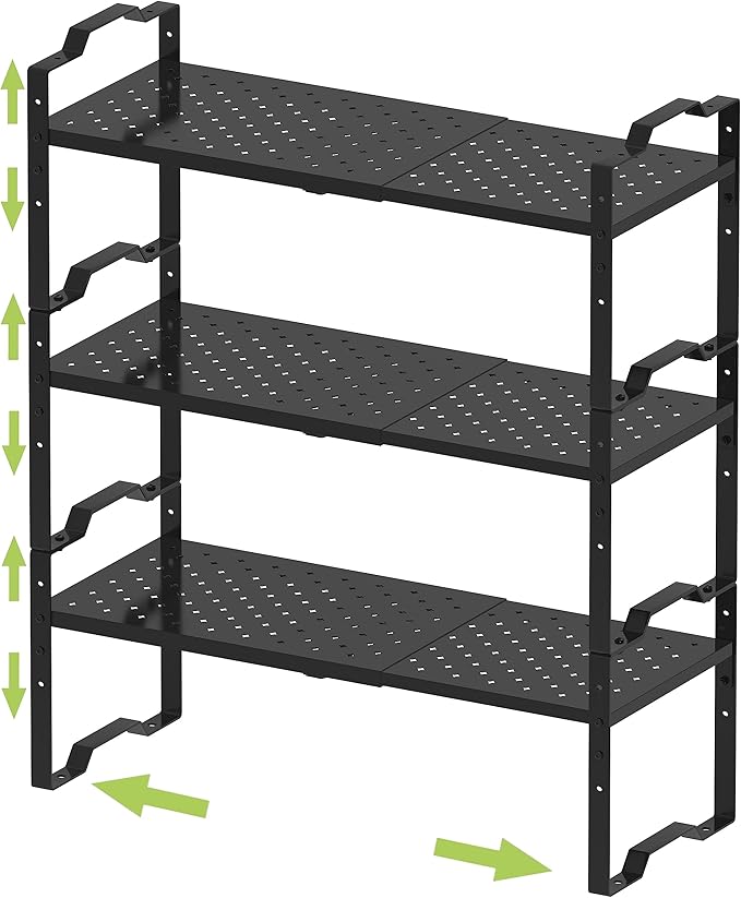 Expandable Shelf Cabinet Organizer Adjustable Stackable Spice Rack at Kitchen Bathroom More, Countertop Cupboard Organization Pantry Storage,Metal Plate with Hole (3 Packs/Black, L)