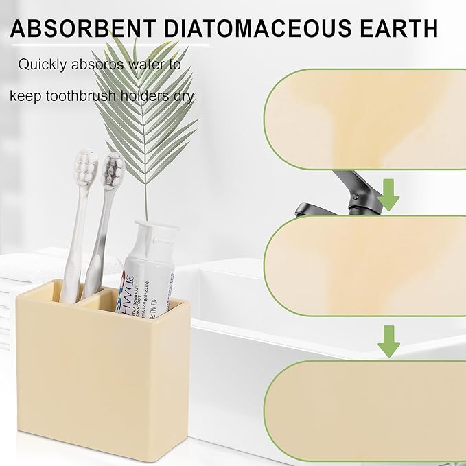 Diatomite Toothbrush Holder 2 Slots Tooth Brush Holder for Bathroom, Kids Electric Toothbrush and Toothpaste Organizer for Countertop, Shower, Vanity, Yellow