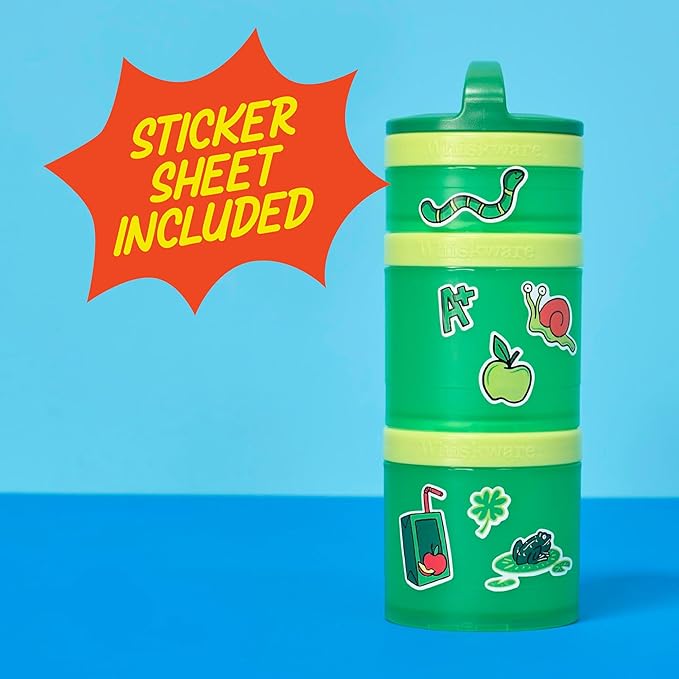 Whiskware Stackable Snack Containers for Kids and Toddlers, 3 Stackable Snack Cups for School and Travel, Green/Yellow/Green