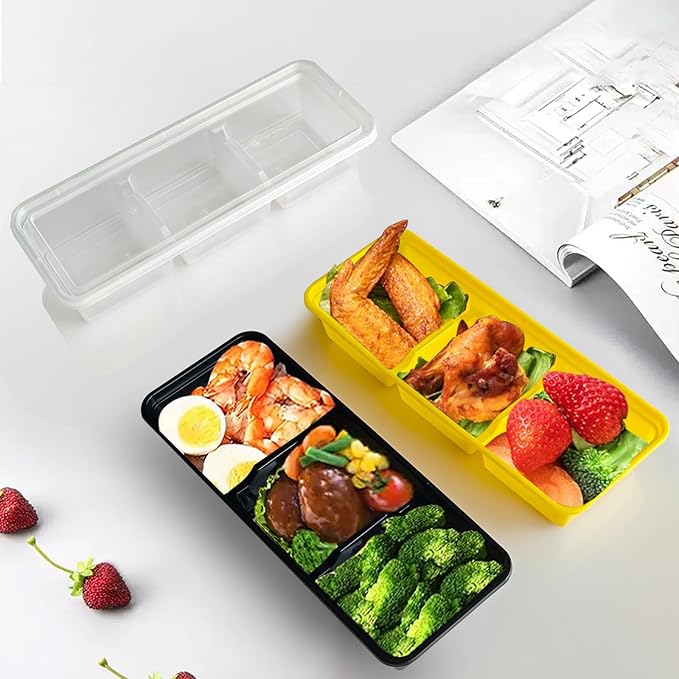 Disposable Food Storage Containers with Lids Meal Prep 3-Compartment To Go Take Out Plastic Black, Sturdy Leakproof Food Safe, Microwave Freezer Dishwasher Safe (10, 3 compartment)