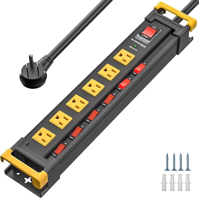 6 Outlet Heavy Duty Power Strip with Individual Switches, 3300J Surge Protector Metal Mountable Power Strip, 6FT Cord Management, Wide-Spaced, ETL Listed (15A/1875W)