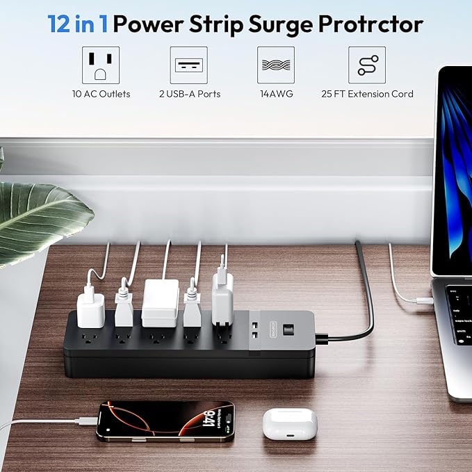 NTONPOWER 25 Ft Extension Cord ETL, 2100J Surge Protector Power Strip, 1875W/15A Overload Protection, 10 Outlets with 2 USB Ports, Wall Mountable for Workbench, Home, Office or Garage, Black