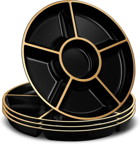 Plasticpro 6 Sectional Round Plastic Serving Tray/Platters Black & Gold Pack of 4