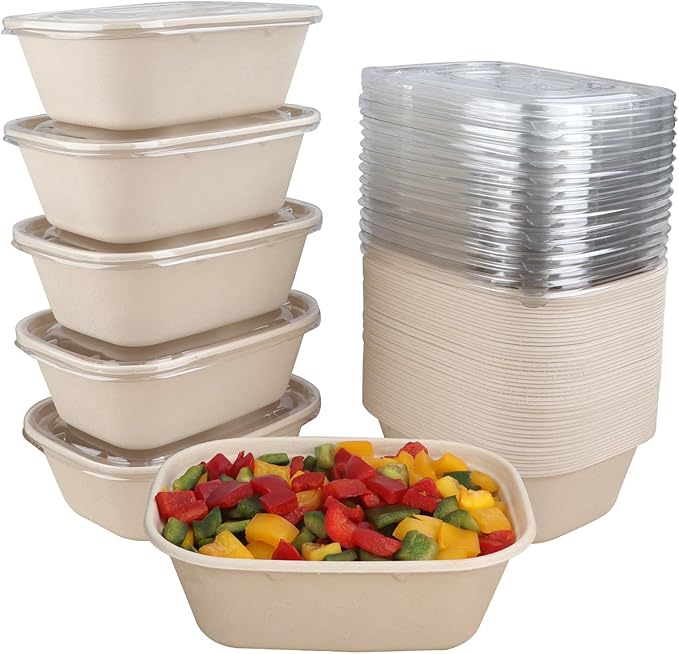44 oz Disposable salad bowls with lids, Sugarcane Fiber Paper Bowls take away food containers meal prep Plant Fiber deli container 50 Pack