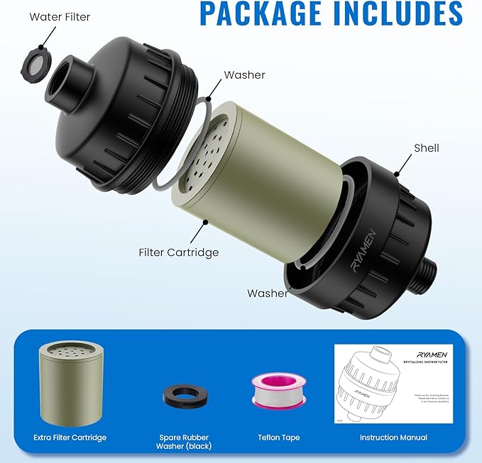Ryamen Heavy Duty Shower Filter, Shower Water Filter, 99% REMOVAL Shower Head Filter for Hard Water, Heavy Metals, Chlorine, Enhanced Water Filtration for Healthier Skin and Hair (Black)