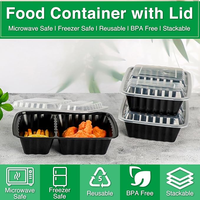 Meal Prep Containers 2 Compartment 15 Pack, 28 oz Divided Reusable Food Storage Containers with Lids Takeout Food Storage Containers Black, Microwave Dishwasher Freezer Safe, Stackable, BPA Free
