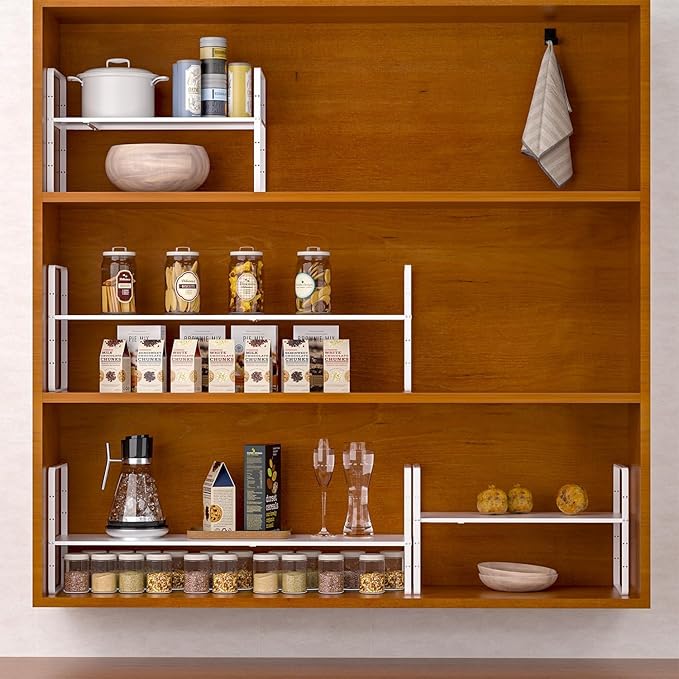 Redrubbit Expandable Cabinet Shelf Organizers, Stackable Kitchen Counter Shelves Spice Rack for Kitchen Bathroom Pantry Cupboard Desk Home Office, White-Large