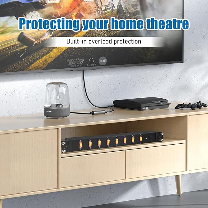 HHSOET 1U Rack Mount Surge Protection, 8 Outlet PDU Power Strip, Metal Mountable Outlet Strip with Switch, 15ft Power Cord.