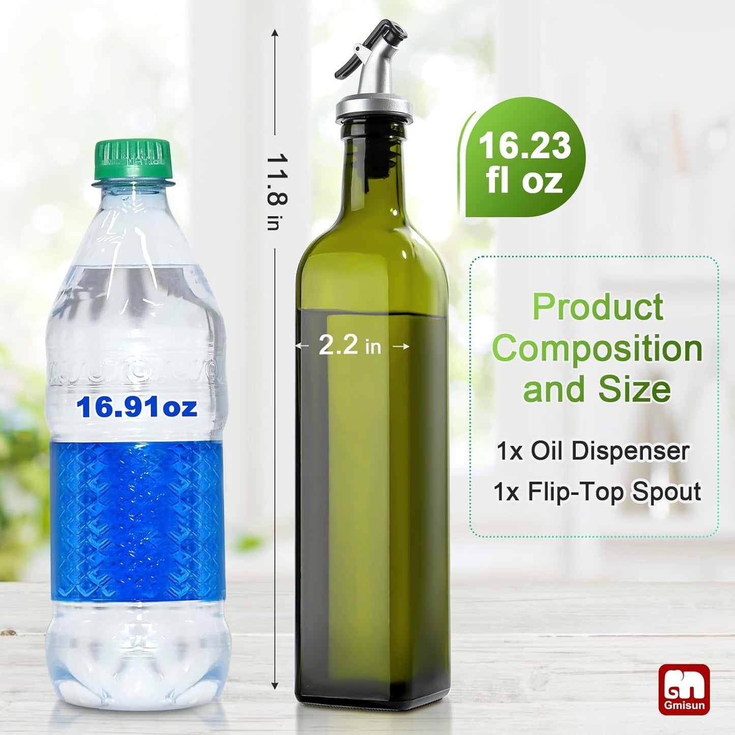 GMISUN Olive Oil Dispenser Bottle 1 Pack, Olive Oil Dispenser for Kitchen 17oz, Glass Cooking Soy Sauce Bottle Container Cruet with Plastic Pourer Spout, Green