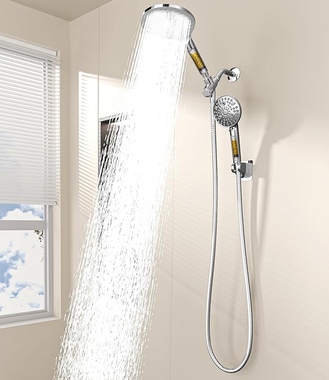 MakeFit Dual Filtered Shower Heads Combo, High Pressure Rain Shower Head with Handheld Spray Built-in Power Wash, Dual Handheld Shower Head for Hard Water, Remove Chlorine for Healthier Skin- Chrome