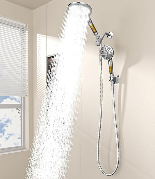 MakeFit Dual Filtered Shower Heads Combo, High Pressure Rain Shower Head with Handheld Spray Built-in Power Wash, Dual Handheld Shower Head for Hard Water, Remove Chlorine for Healthier Skin- Chrome